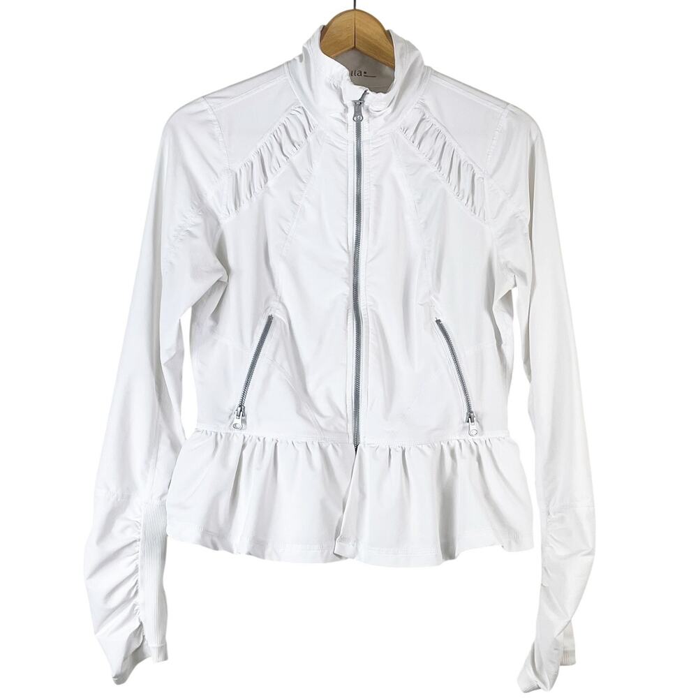 Zella Women's White Cropped Peplum Jacket Size M Running Athletic Thumb Holes